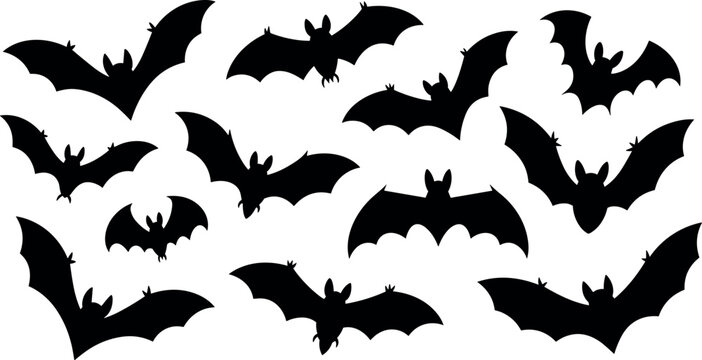 Flying bat silhouettes set collection vector illustration featuring scary halloween vampire bats isolated on white background