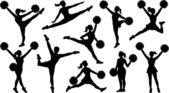 Cheerleader silhouettes set collection vector illustration featuring girls jumping dancing with pom poms isolated on white background