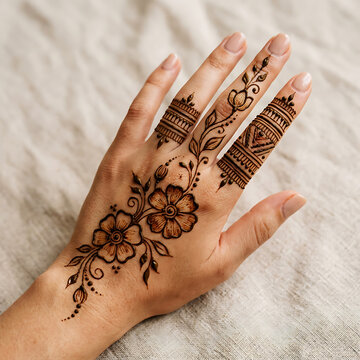 Intricate henna tattoos on hands with paisley and floral patterns