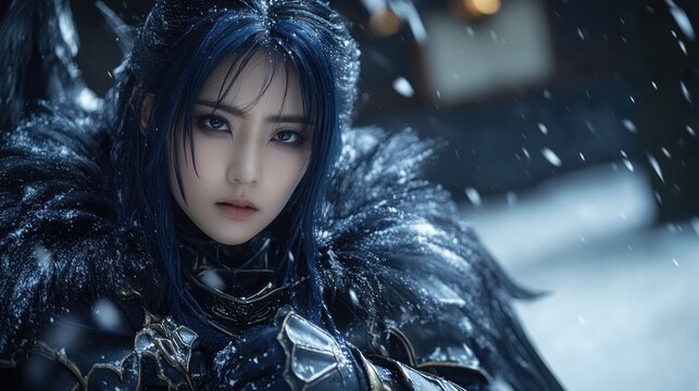 Woman in dark armor, snow falls