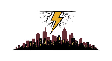 Powerful yellow lightning bolt striking over dark city skyline © nael