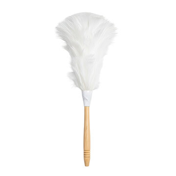 A classic white feather duster with a natural wooden handle isolated on white background.