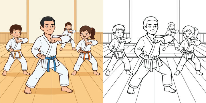 Karate master demonstrating Inside Block (Uchi Uke)  educational  cartoon print illustration vector clipart and line art colouring book for kids hand drawn.	