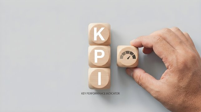 KPI wooden blocks with a speedometer icon being placed by a hand for business performance analysis
