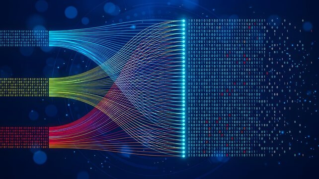 Colorful data streams converting into binary code algorithms visualizing big data processing and high speed digital network analytics