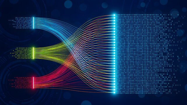 Colorful digital data streams converting into binary code algorithms visualizing high speed network processing and information technology