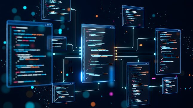 Interconnected programming code windows displaying software development architecture and digital network integration in a futuristic computing environment