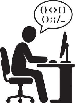 Person sitting at desk talking code on speech bubble