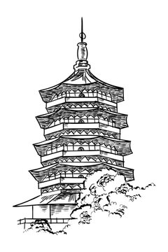 Traditional Asian Multistory Pagoda Temple Line Art Sketch Vector Illustration for Travel Guide and Cultural Design