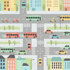 Naklejka premium Urban Cityscape Seamless Pattern: Traffic, Vehicles, Buildings, Streets, Flat Design