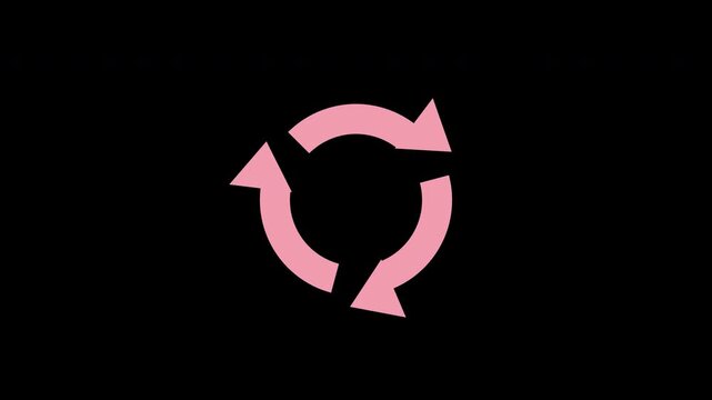 Rotating recycling arrows in a cycle, flat motion graphic overlay on transparent background, pink