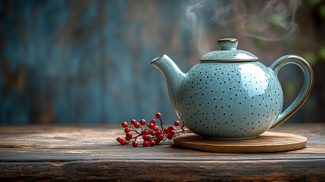 Vintage speckled teapot with rising steam and red autumn berries on dark wood.