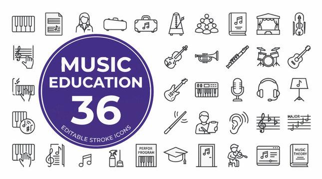 Music education icons set for learning with education on transparent background Editable Stroke.