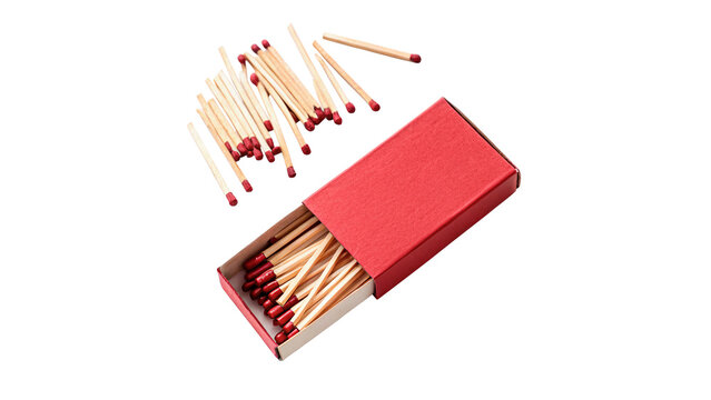 Open cardboard matchbox filled with wooden matchsticks isolated on transparent background cut out