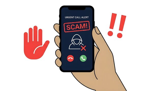 Smartphone showing urgent scam call alert held in hand with red stop sign graphic illustration