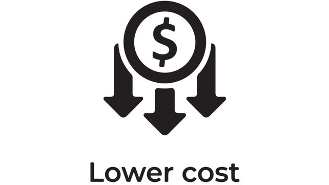 Lower cost icon with dollar coin and down arrows, financial reduction symbol, black vector graphic for business expense management