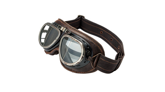 Vintage steampunk aviator goggles with metallic gears leather strap isolated on transparent background cut out