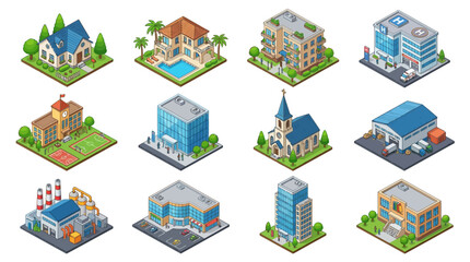 Naklejka premium Isometric Buildings Collection: Houses, Hospital, School, Church, Factory
