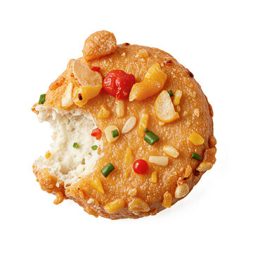 Carnival treat bite mark on a transparent background showing texture and filling of a half eaten street food snack