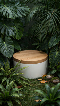 Natural wood and concrete product display platform in lush tropical garden with platform tropical concrete presentation greenery botanical minimalist background template