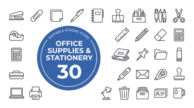 Office supplies and stationery line icon set collection on transparent background Editable Stroke.