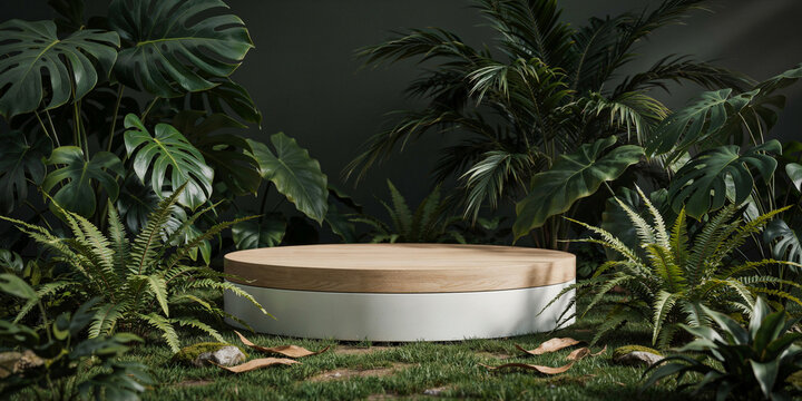 Minimalist round wooden podium display stand surrounded by tropical monstera foliage with tropical monstera platform presentation greenery botanical minimalist background