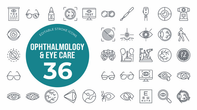 Ophthalmology and eye care line icon set with six on transparent background Editable Stroke.