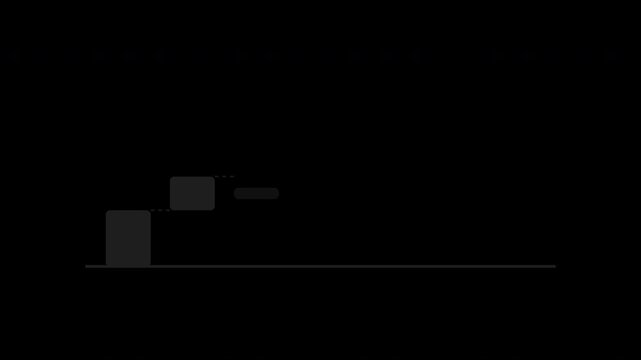 Waterfall chart bars rising step by step, flat motion graphic overlay on transparent background, black