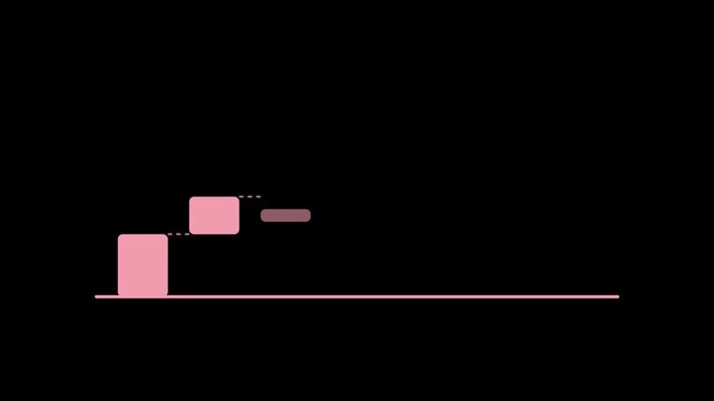 Waterfall chart bars rising step by step, flat motion graphic overlay on transparent background, pink