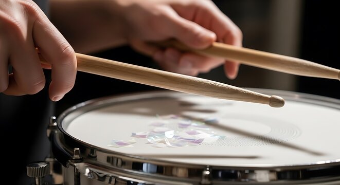 Drummer's Hands Holding Drumsticks Over Snare Drum with Confetti