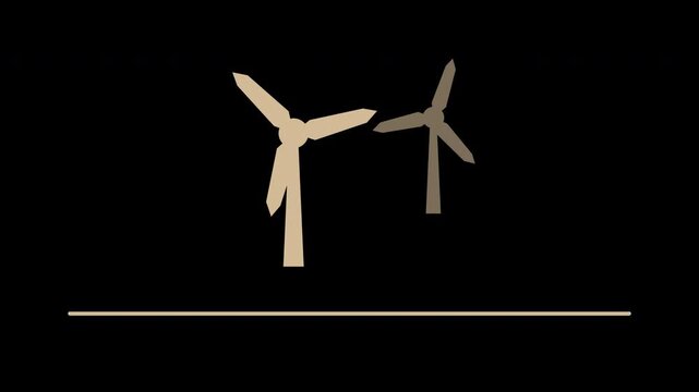 Spinning wind turbines on the horizon, flat motion graphic overlay on transparent background, beige