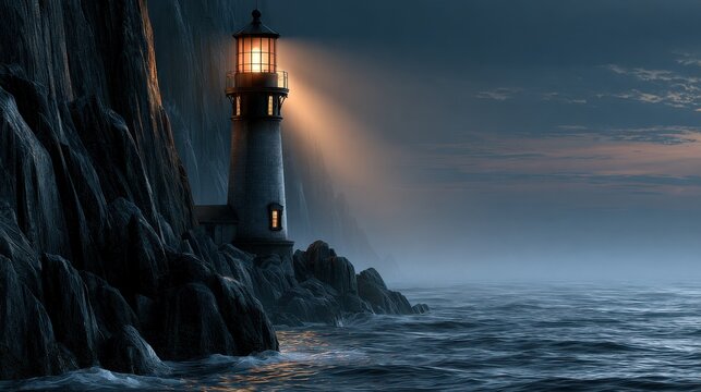 A glowing lighthouse stands on a rocky cliff, shining a beacon over a dark misty sea. Symbol of guidance and hope.