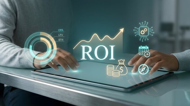 ROI business growth concept with digital financial holographic interface on a modern glass tablet screen
