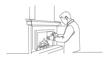 Obraz premium Man warming hands by fireplace in continuous one line drawing style