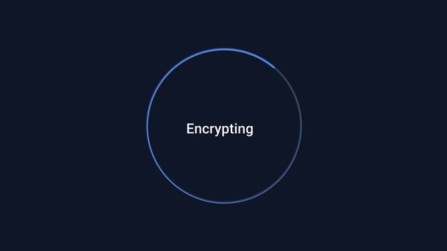 Minimal animated encrypting status inside a circular progress outline on a dark background. Modern motion graphic for data encryption, cybersecurity, secure processing, and technology interfaces.