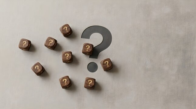 Wooden dice with question marks arranged around a large dark symbol on a textured background