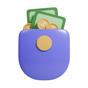 3D render of a pocket icon with banknotes and coins