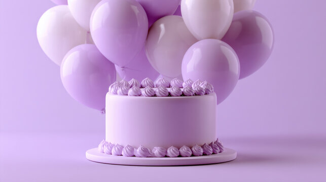 Minimalist monochrome pastel purple birthday holiday cake decorated with elegant icing swirls stands proudly on a matching stand with a large cluster of light lavender and white balloons behind