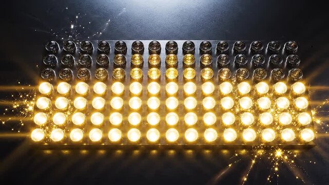 Top-down view of a high-tech LED stage light grid featuring circular bulbs that glow sequentially in changing colors on a dark background.