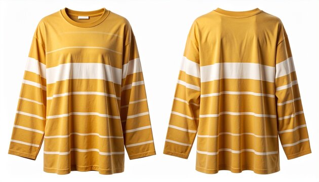 Yellow and White Striped Long Sleeve Cotton Crew Neck Casual Unisex Oversized Shirt Front and Back View Isolated on White