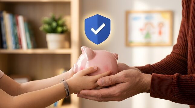 Piggy bank held by adult and child hands with a glowing digital insurance shield icon above