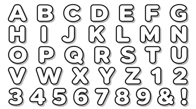 Alphabet Letters & Numbers Set, Rounded Outline Font, White Background