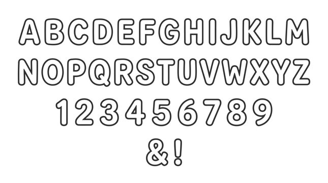 Black Outline Alphabet and Numbers Set on White Background