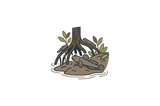 Illustration of a mudskipper fish resting near mangrove tree roots in a swampy habitat.