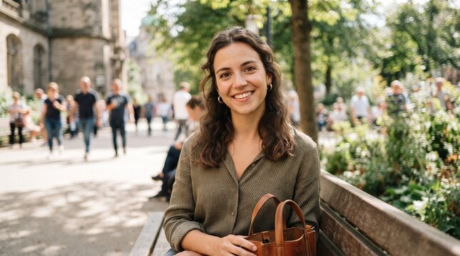 A young woman sitting on a park bench with a brown leather bag, smiling at the camera in a serene outdoor setting.