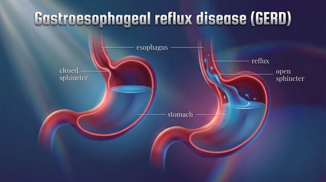 Medical illustration comparing a healthy stomach and esophagus with one affected by gastroesophageal reflux disease (GERD).