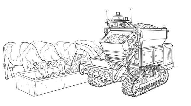 Autonomous Livestock Feeding Robot Vehicle Black and White Sketch Vector Illustration