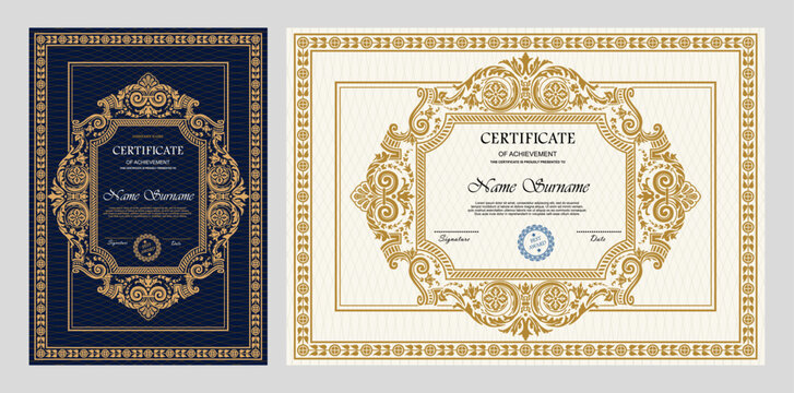 Vintage certificate of achievement template with horizontal, vertical layouts. Multipurpose retro design with ornate ornaments. Vector illustration for diploma, graduation, professional recognition