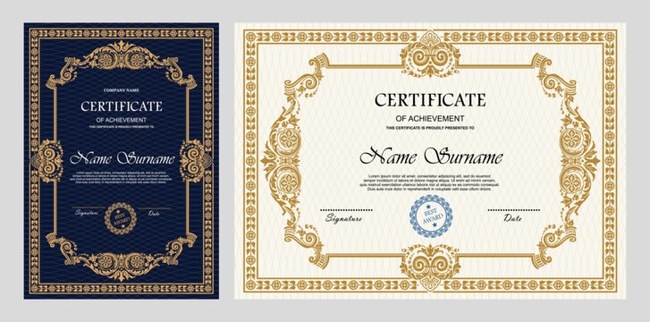 Vintage certificate of achievement template with horizontal, vertical layouts. Multipurpose retro design with ornate ornaments. Vector illustration for diploma, graduation, professional recognition