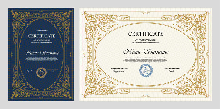 Vintage certificate of achievement template with horizontal, vertical layouts. Multipurpose retro design with ornate ornaments. Vector illustration for diploma, graduation, professional recognition
